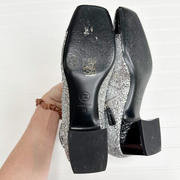 Chanel CC Sliver Glitter Ankle Boot Cap Toe Black Patent Bootie Milky Way Runway - Picture 7 of 16